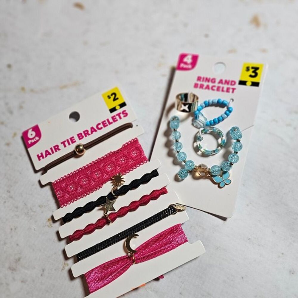 Hair Tie Bracelet Set + Blue Ring & Bracelet Set | New on Cards | 10 Pieces Tota